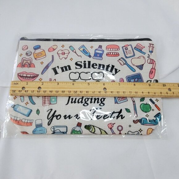 Dental-Themed Cosmetic Bag Canvas Zipper Pouch "Im Silently Judging Your Teeth" - Picture 5 of 5